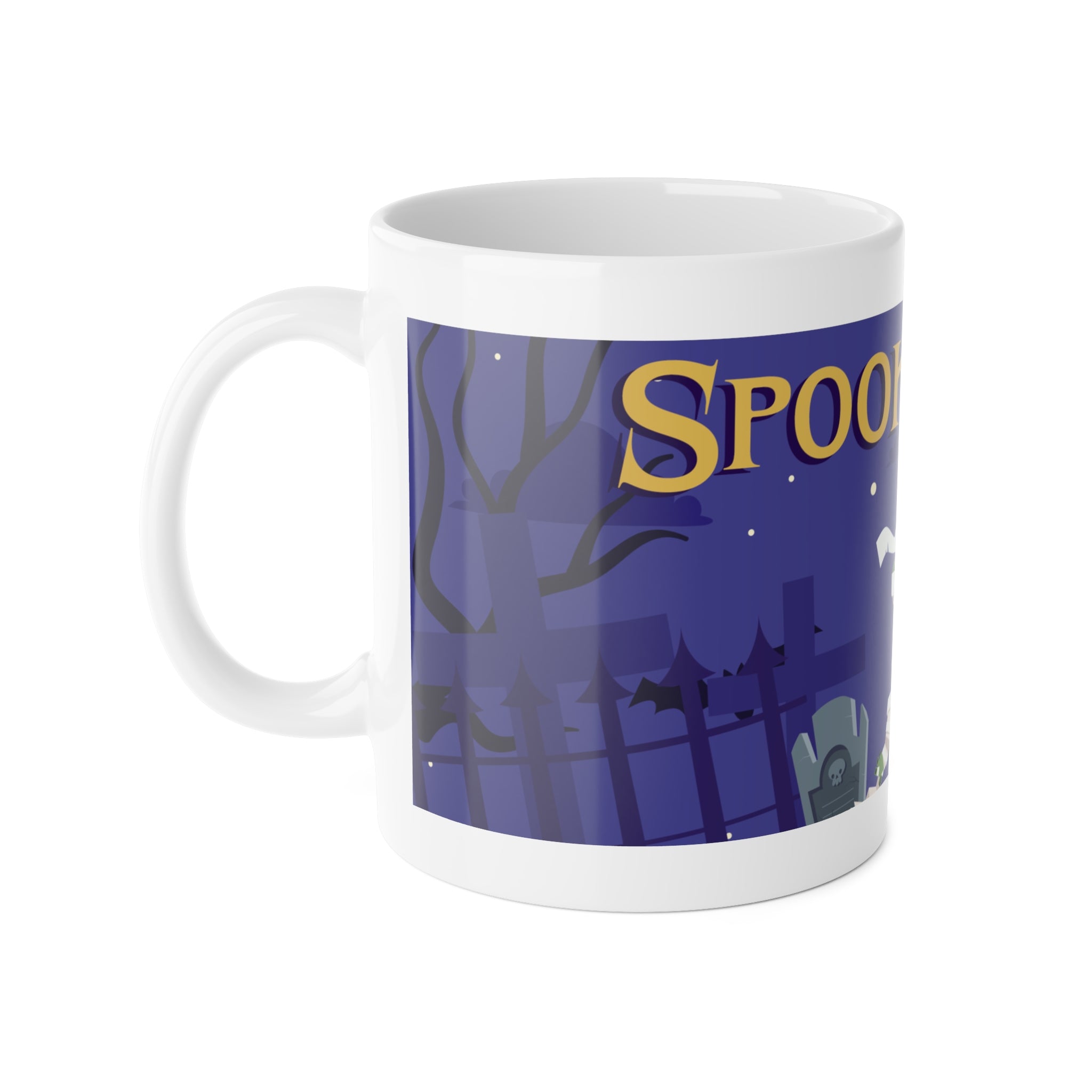 Spooky Night Mummy | Halloween Graveyard Scene with Full Moon | White Ceramic Mug